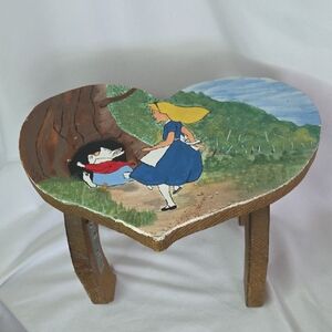Alice In Wonderland Heart-Shaped Wooden Stool Handpainted Vintage 1980s
